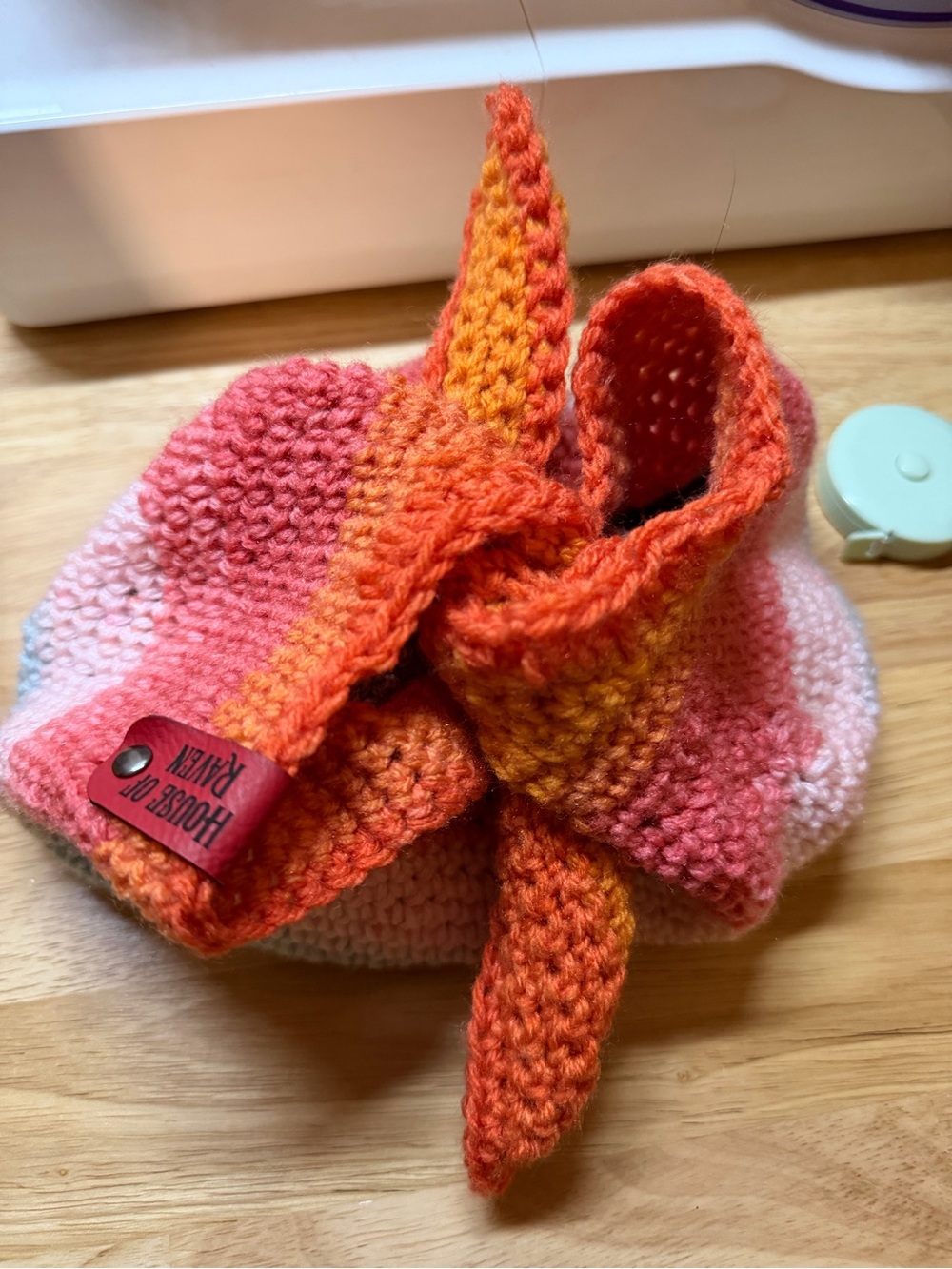Orange & Pink crocheted makeup bag- ties closed